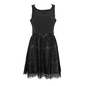 Alya Lace Dress Jewel Neckline Fit and Flare Jeweled Waistband Black Size Small